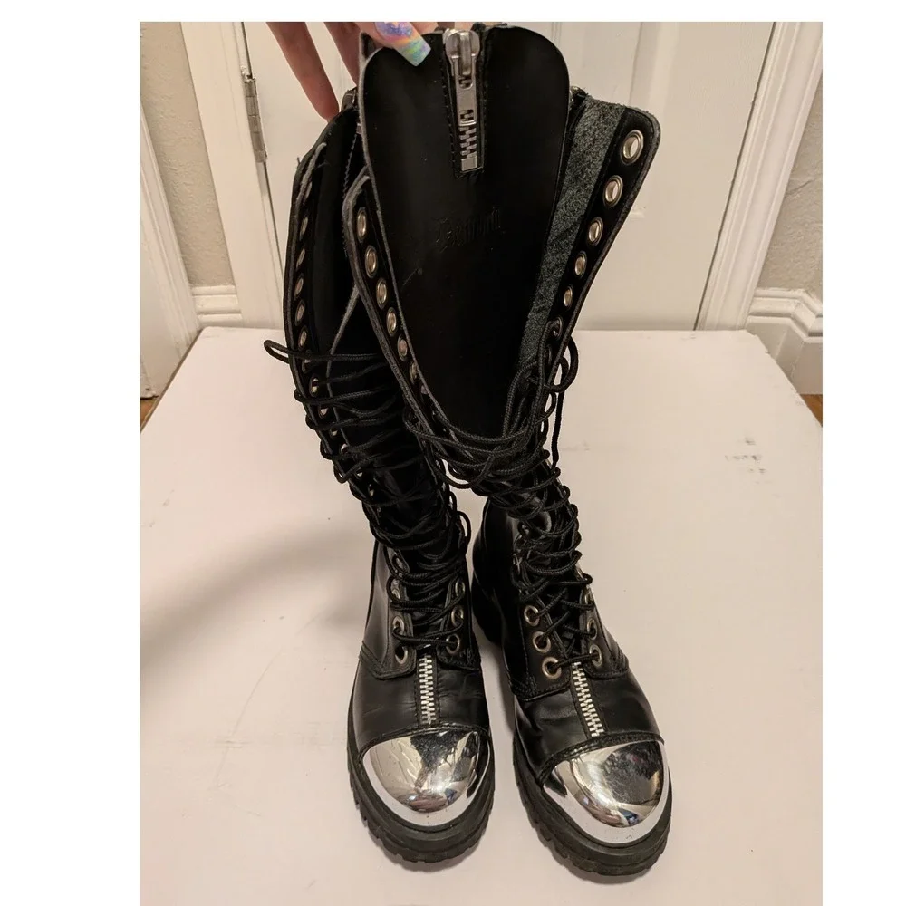 Vintage Demonia Pole Climber Boots - Steel Toe Cap- Black Leather - Lace Up/Zip - Picture 4 of 8